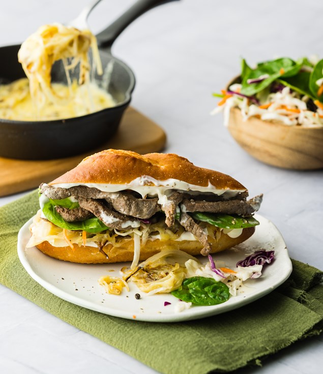 Cheesy Philly Beef Steak Baguettes with Caramelised Onion & Garlic Aioli