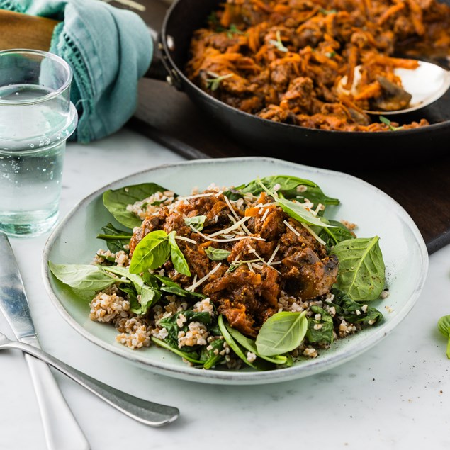 Cook Once Eat Twice Beef & Portobello Ragù  with Farro & Parmesan