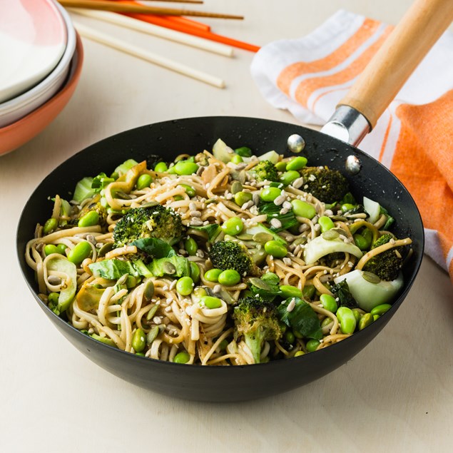 Japanese-Style Veggie Noodle Stir-Fry with Roasted Sesame Dressing