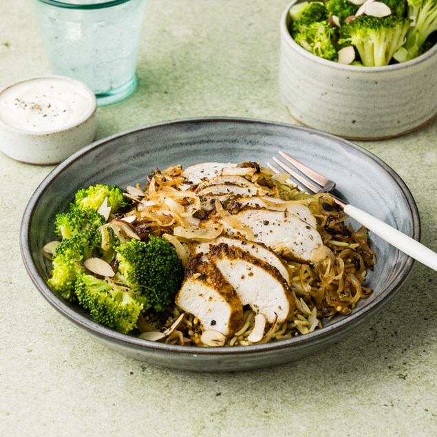 Aromatic Shawarma Chicken with Mujadara Rice & Crispy Onions