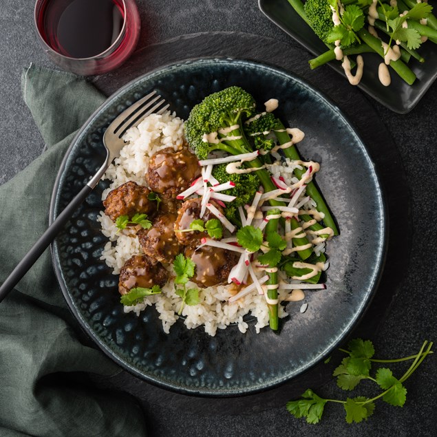 Miso-Glazed Wagyu Beef Meatballs  with Togarashi Crema