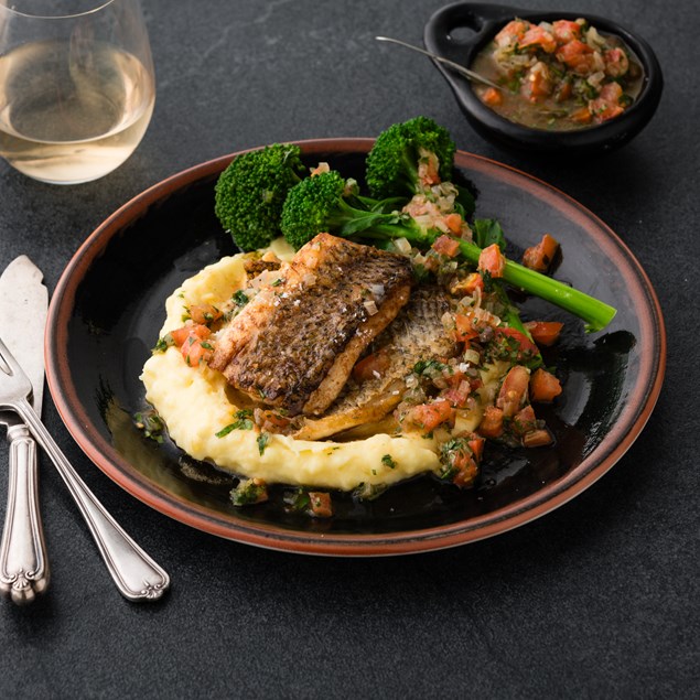 Crispy Skin Snapper with Truffle Mash & Warm Herbed Dressing