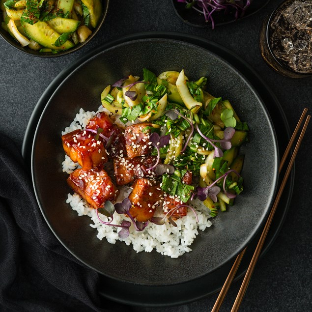 Sticky Korean Pork Belly with Quick Cucumber Kimchi