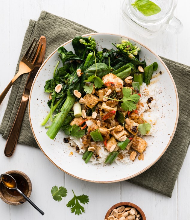 Sticky Char Siu Tofu & Chilli Greens with Coriander & Peanuts