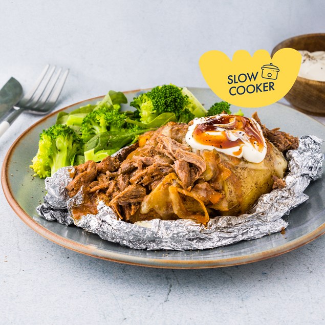 Beef Jacket Slow Cooker Cheesy BBQ Beef Jacket Potatoes with Sour Cream - My Food Bag