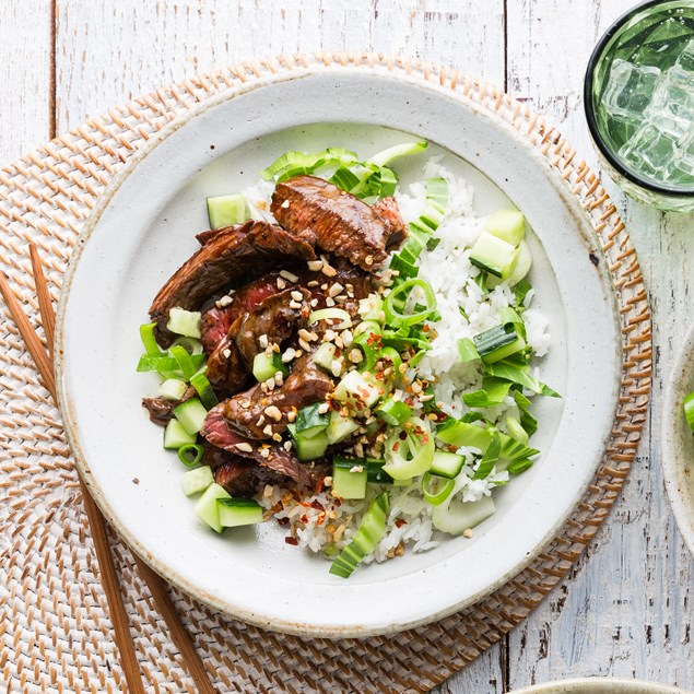 Sticky Asian-Style Beef with Cucumber Salad