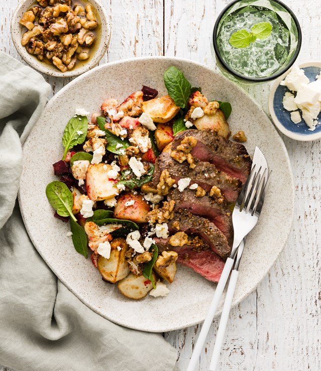 Seared Beef Rump Steaks & Roasted Veggies with Walnut Vinaigrette