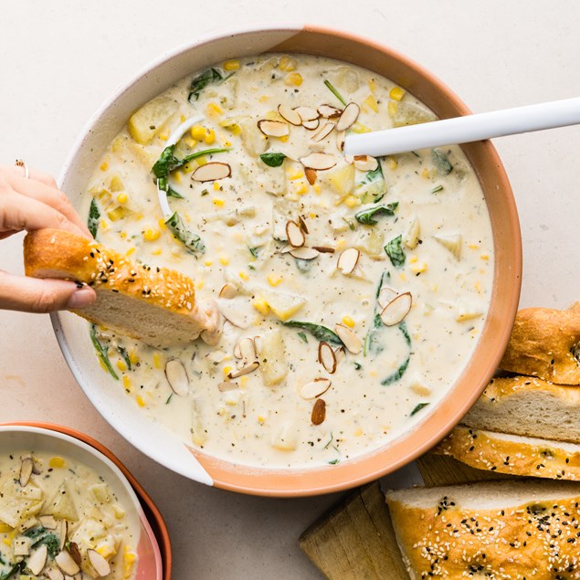 One-Pot Creamy Corn Chowder with Garlicky Toast