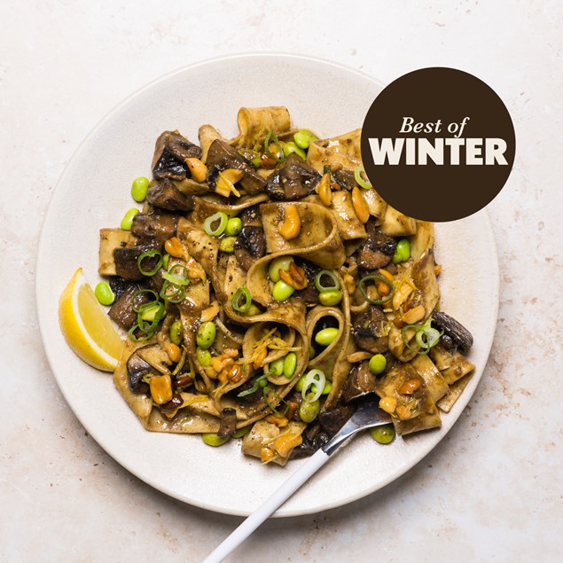 Umami Mushroom Pasta with Edamame & Cashew Drizzle