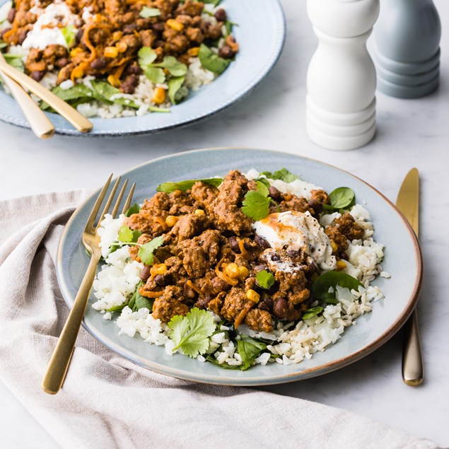Cook Once Eat Twice Mexican Beef Chilli with Rice & Sour Cream