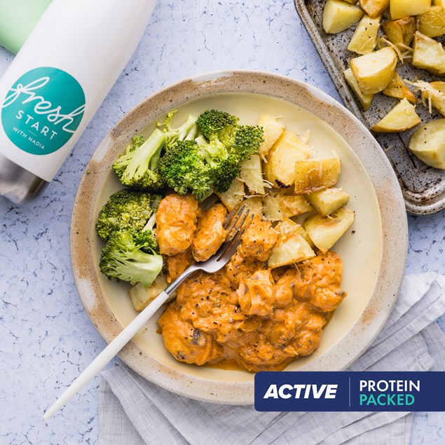 15-Minute Creamy Red Pepper Chicken  with Parmesan Roasties