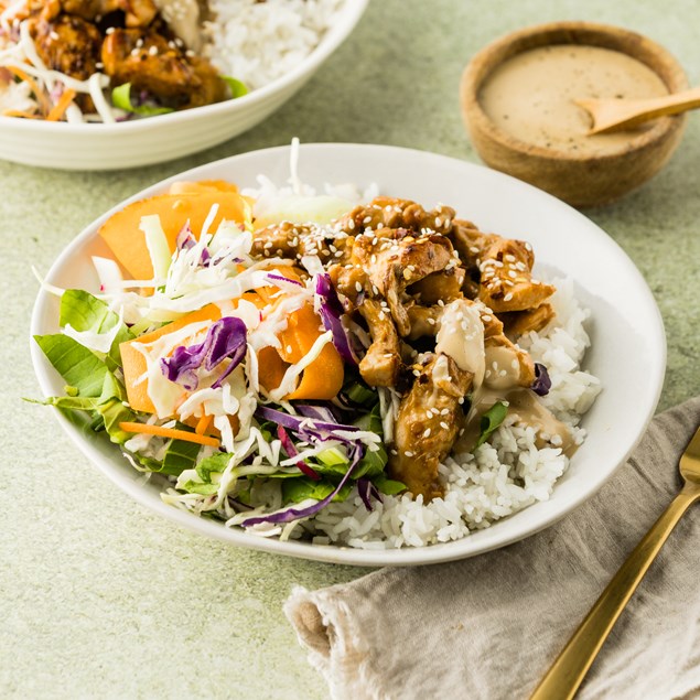 Chicken Donburi Bowls with Crunchy Slaw & Sesame Mayo