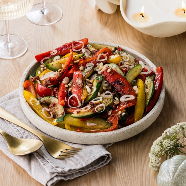 Roasted Capsicum & Courgette Salad with Roasted Red Pepper Tapenade
