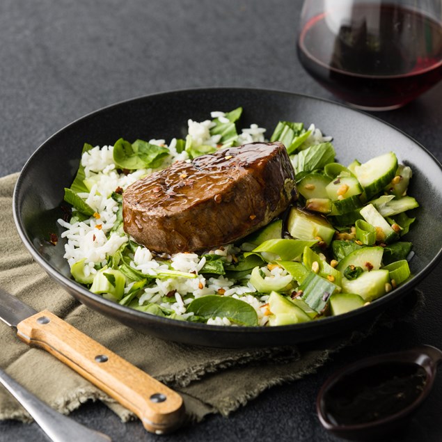 Asian-Style Beef Eye Fillet with Smashed Cucumber Peanut Salad