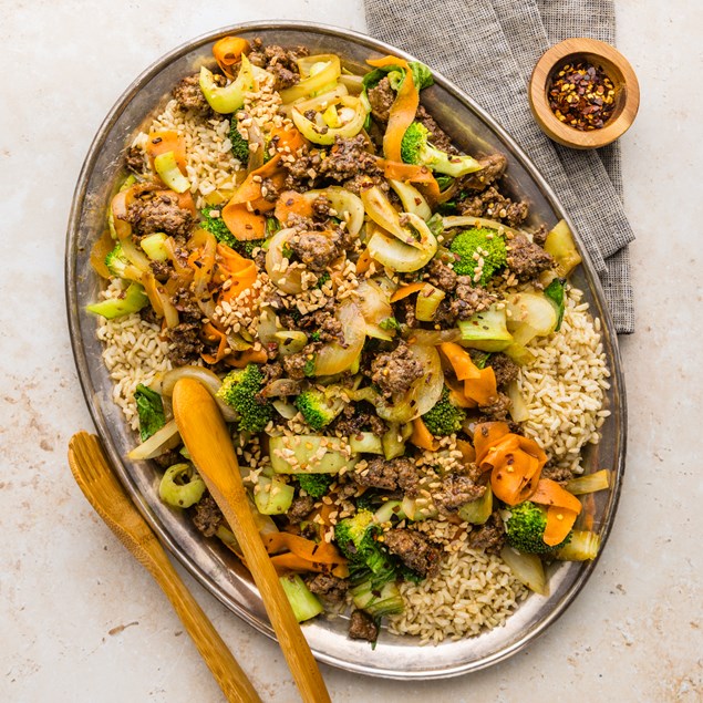 Speedy Ginger Beef Stir-Fry with Brown Rice & Peanuts