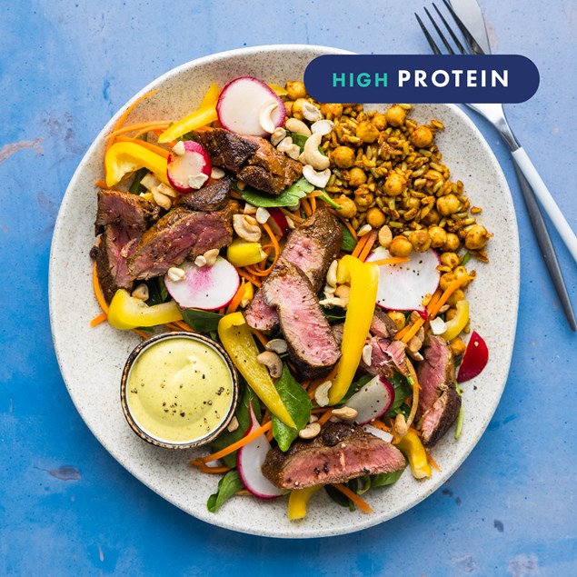 15-Minute Masala-Spiced Lamb Rump Steak Salad with Bombay Aioli & Cashews