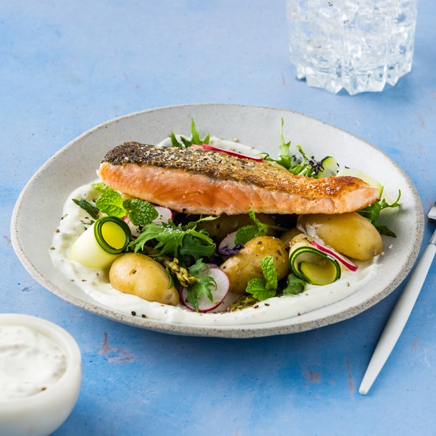 Crispy Skin Salmon & Tarragon Yoghurt with Piccolo Potato & Asparagus Salad