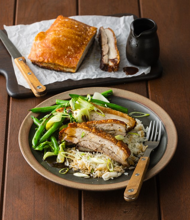 Crispy Chinese-Style Pork Belly with Char Siu Sauce & Stir-Fried Veggies