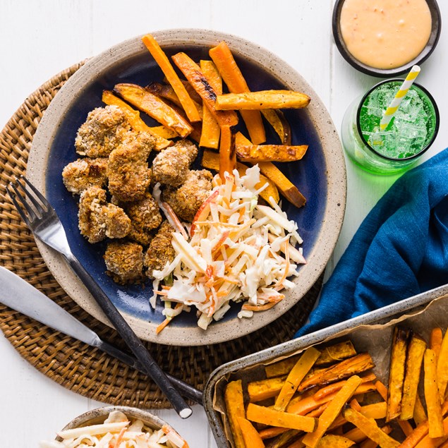Crispy Oven-Baked Chicken Poppers with Handcut Kūmara Chips & Slaw