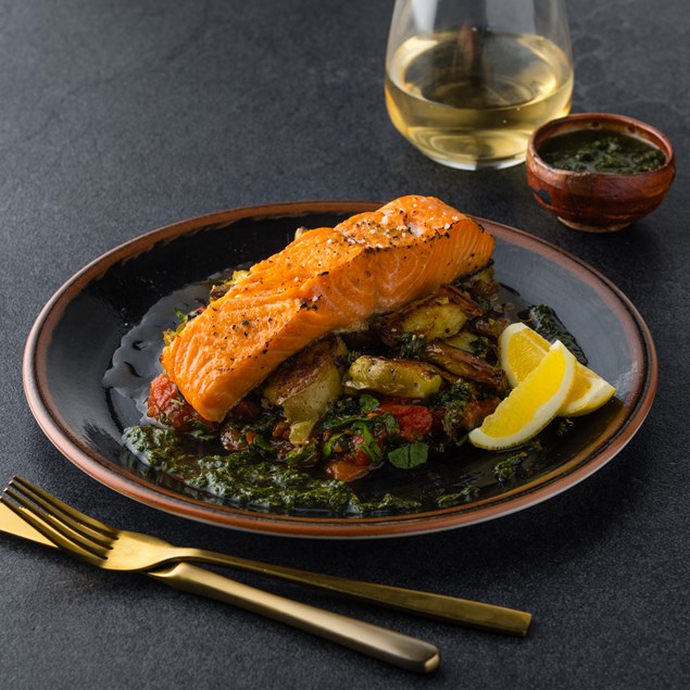 Baked Salmon & Middle Eastern Zhoug Sauce with Crispy Potatoes