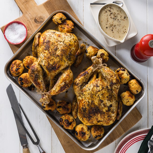 Roast Chickens with Stuffing Balls