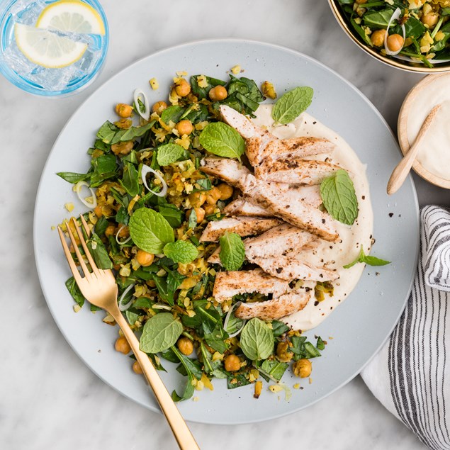 Pan-Seared Dukkah Chicken with Cauliflower Tabbouleh & Hummus