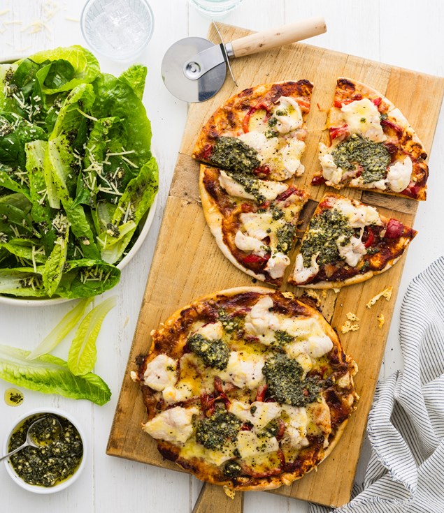 Seriously Good Chicken & Basil Pesto Pizza with Parmesan Crunch Salad