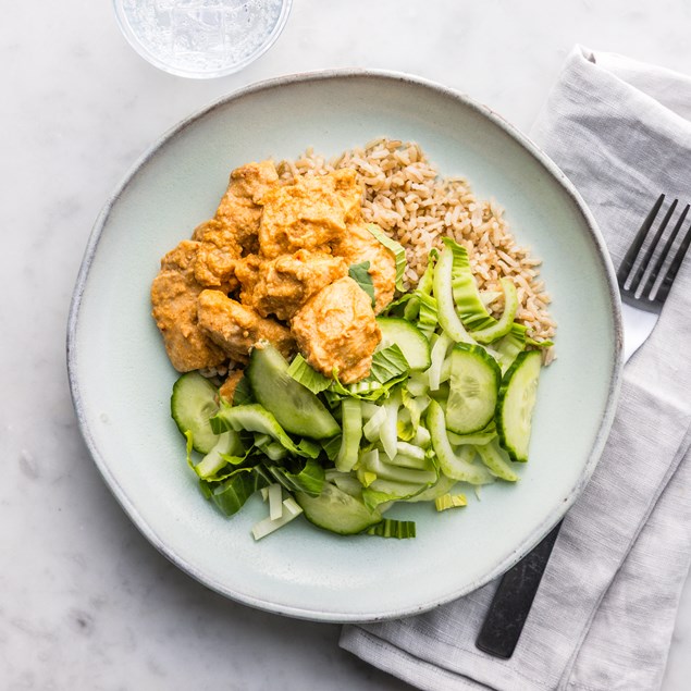 15-Minute Peanut Chicken Satay with Brown Rice & Crunchy Bok Choy Slaw