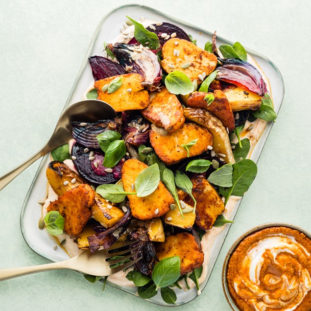 Warm Roasted Pumpkin & Haloumi Salad with Romesco Yoghurt & Fresh Basil ...
