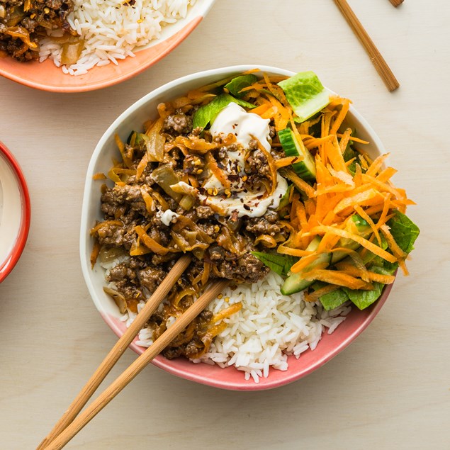 Japanese Sticky Ginger Pork & Beef Bowls with Green Salad