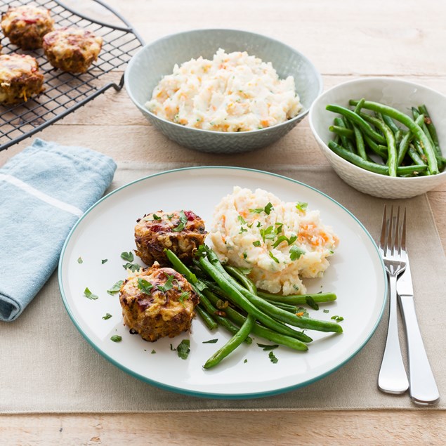 Mini Meatloaves with Carrot Potato Mash and Garlic Beans