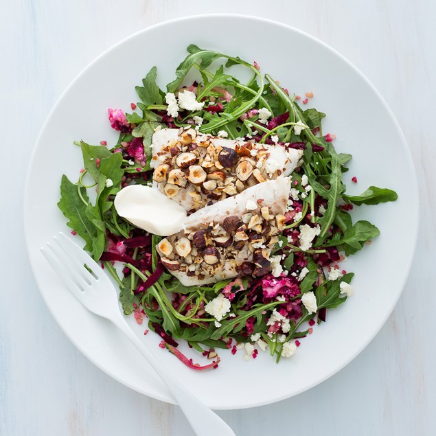 Hazelnut Crusted Fish with Beetroot Feta Salad and Miso Drizzle