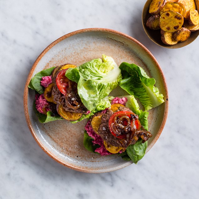 Beef and Pork Burgers with Beetroot Feta and Kumara Chips