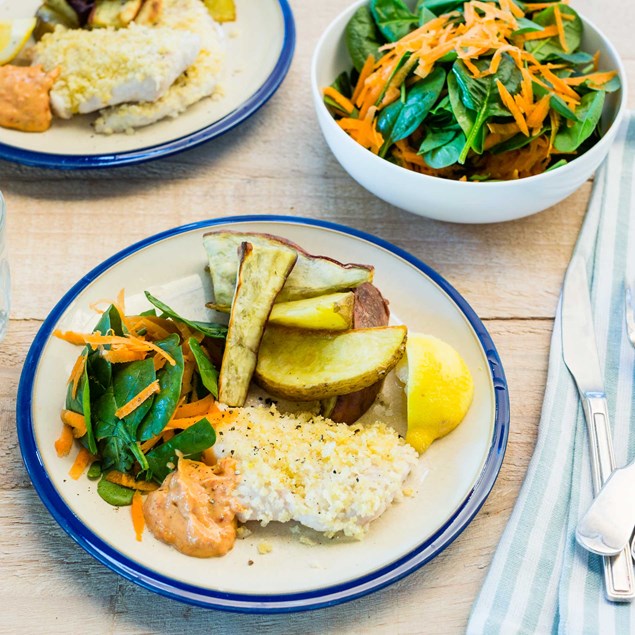 Cashew Lemon-Crumbed Fish with Wedges, Salad and Sundried Tomato Pistou Mayo