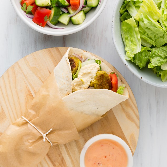 Falafel Souvlaki with Tabbouleh and Hummus