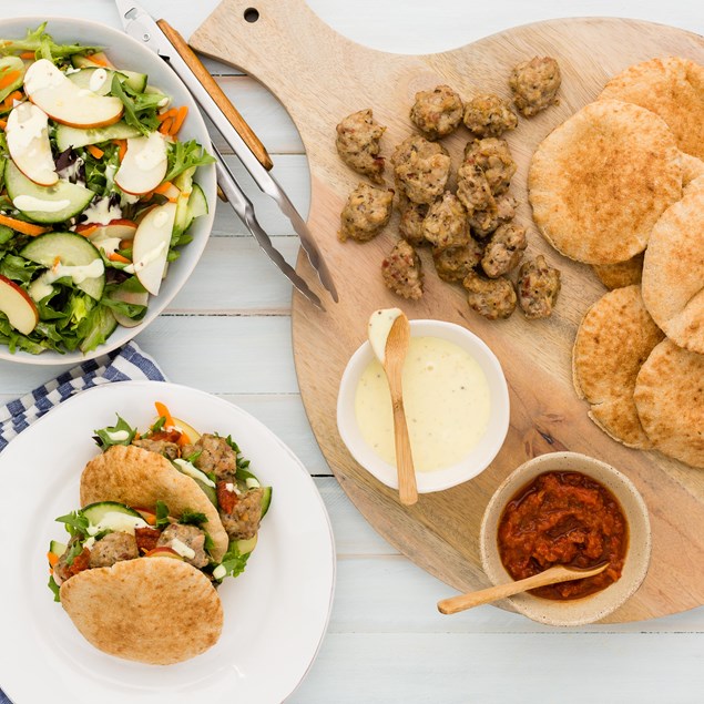 Speedy Chicken and Bacon Sausage Pita Pockets with Apple Salad
