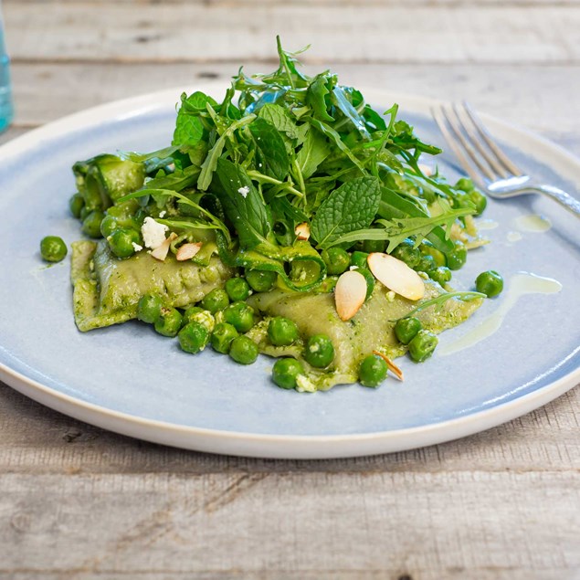 Ricotta, Spinach and Lemon Raviolini with Rocket and Walnut Pesto