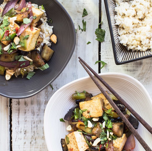 Eggplant, Tofu and Caramelised Chilli Stir-Fry with Cashew Nuts