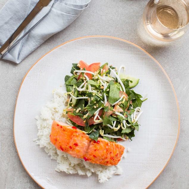 Sweet Chilli Grilled Salmon with Coconut Rice and Salad