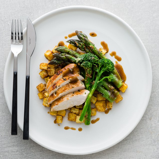 Spring Lemon Chicken with Steamed Greens and Jus