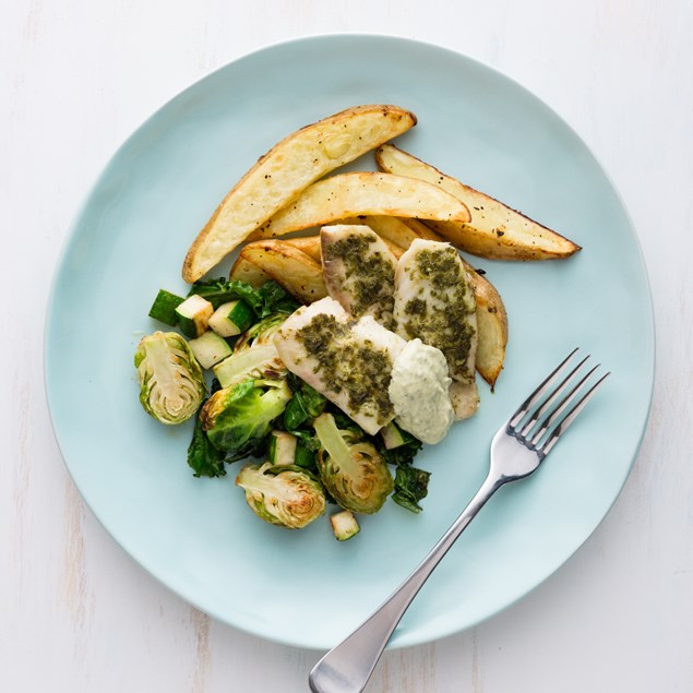 Caper Baked Fish with Lemon Pepper Wedges and Charred Greens