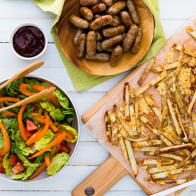 Mini Beef and Pork Sausages with Cheesy Chips and Salad