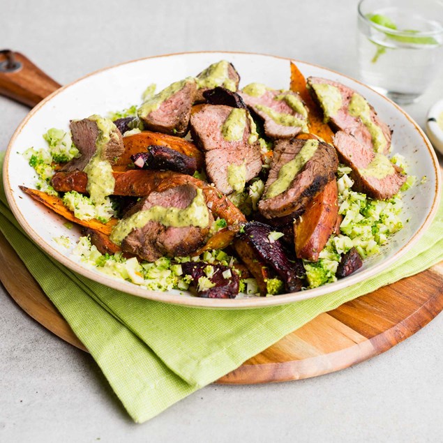 Spiced Lamb Rump Steaks with Roast Kumara and Beet Salad and Chimichurri Sauce