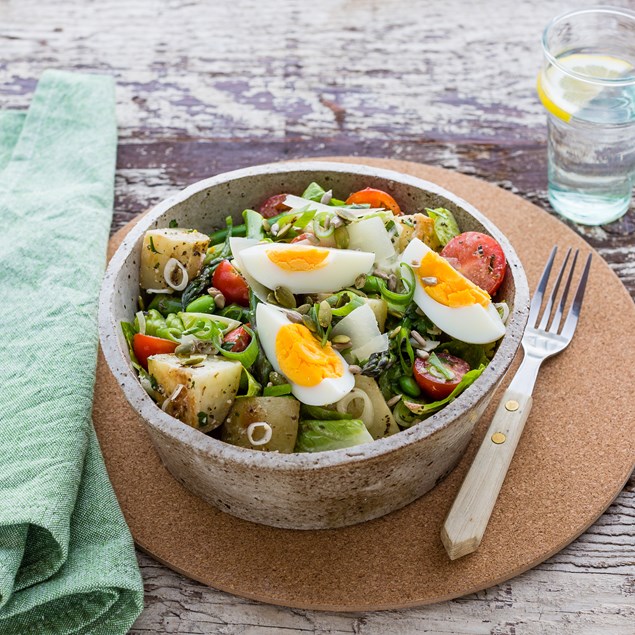 Potato Caesar Salad with Asparagus and Edamame Beans