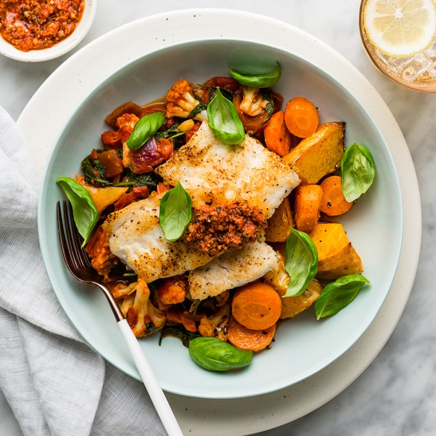 Market Fish with Winter Ratatoullie & Tomato Pesto