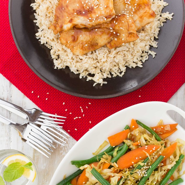 Hoisin Fish with Sesame Stir-Fry and Rice