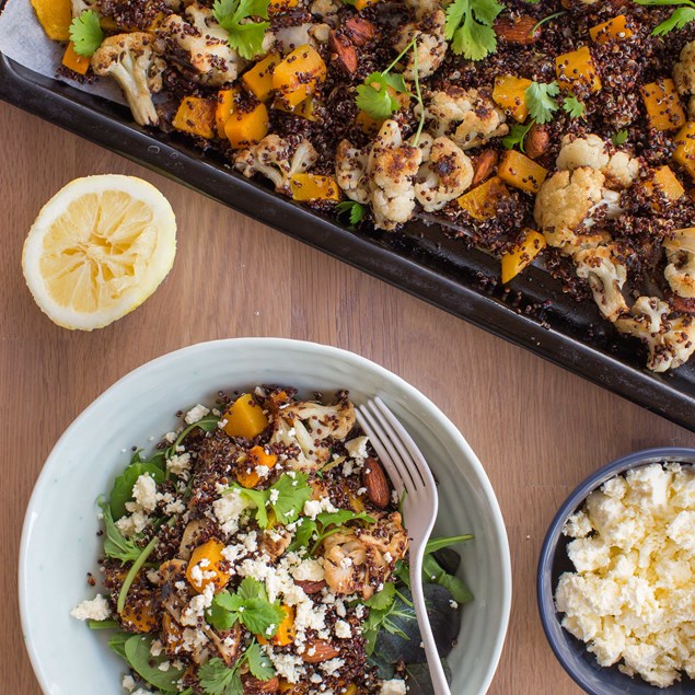 Warm Spice-Roasted Veggie and Quinoa Salad with Feta, Dates and Tamari Almonds
