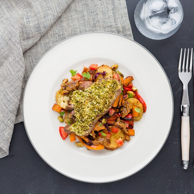 Gremolata-Crusted Lamb with Moroccan Kumara and Date Dressing