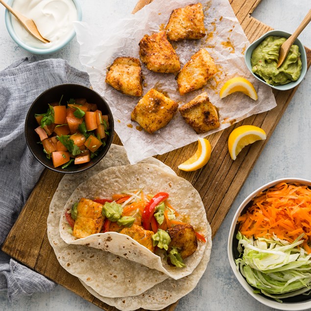 Fish Tacos with Tomato Fresca and Guacamole