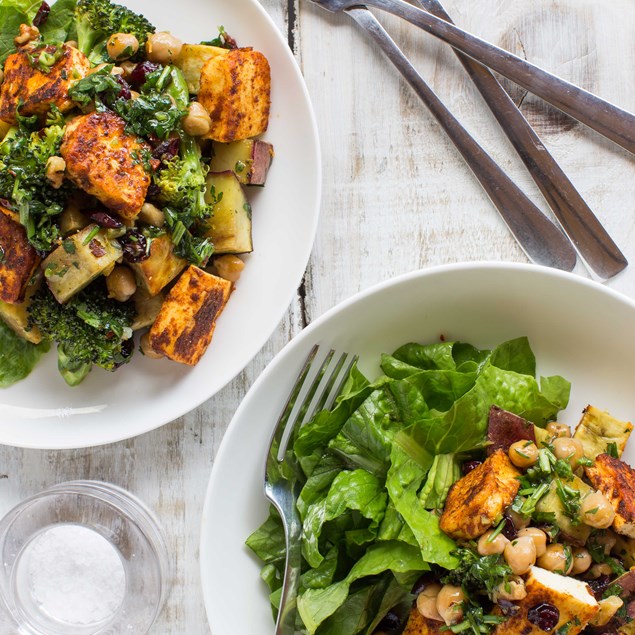 Spiced Haloumi with Kumara, Chickpea, Cranberry and Walnut Salad